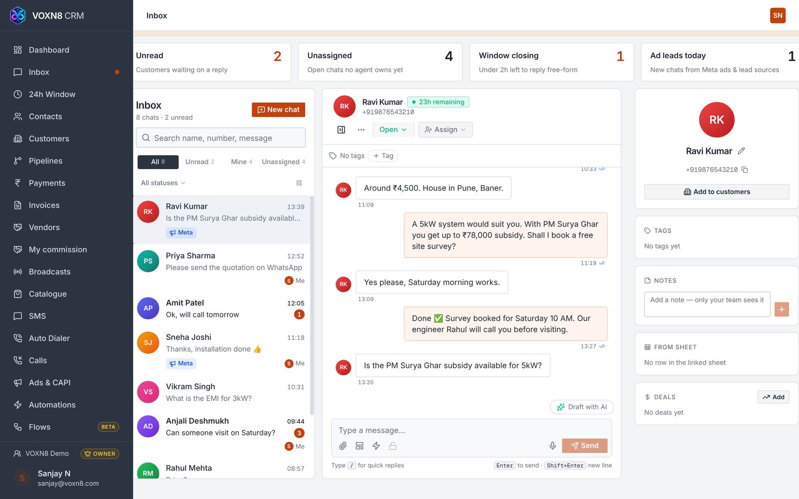 VOXN8 WhatsApp inbox screen