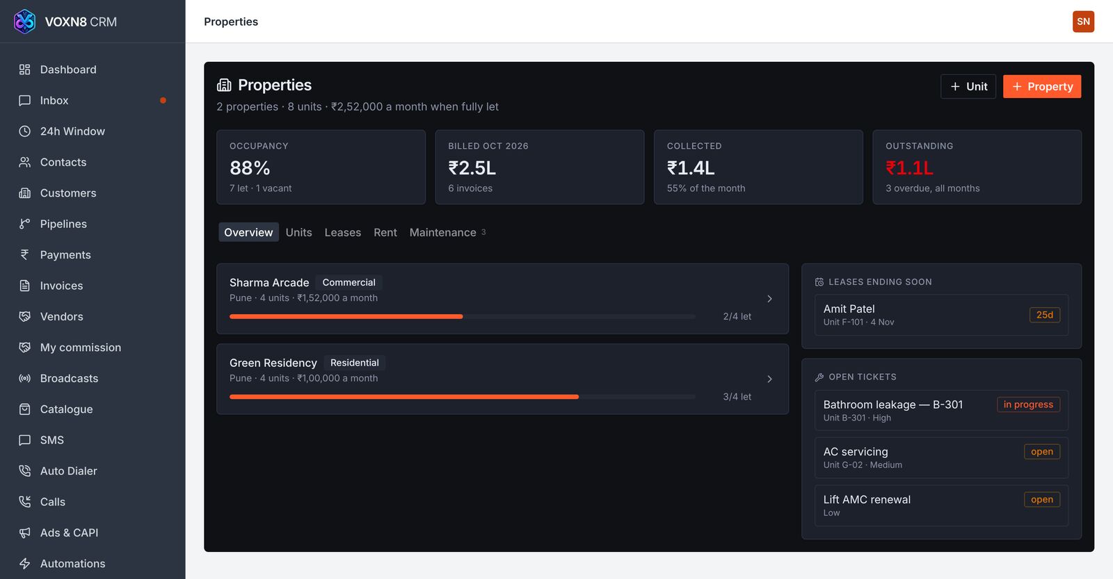 VOXN8 property management screen